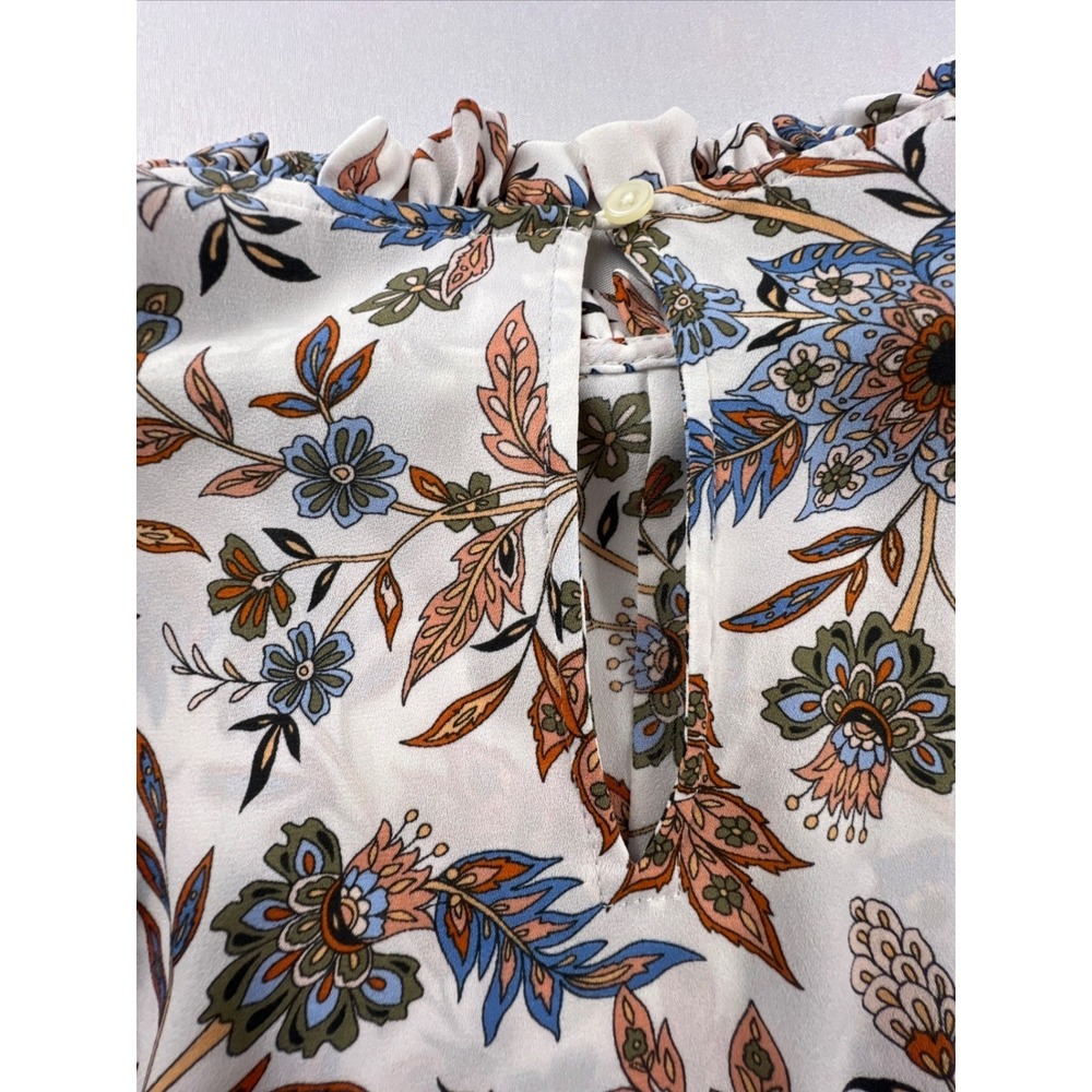 LOFT Womens Floral Ruffle Neck Blouse Small Long Sleeve Keyhole Top White - Picture 11 of 13